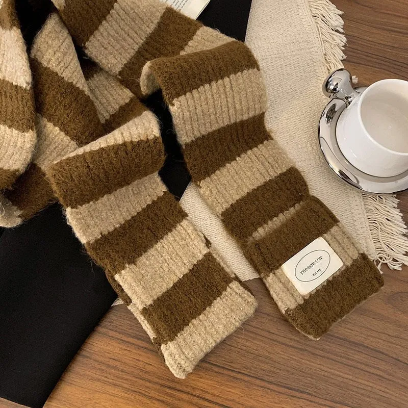 Buy one get one free. Japanese-style contrasting color striped scarf for women. Winter, Korean version, versatile, simple and retro knitted scarf. Warm and cold-proof scarf C-240911-4