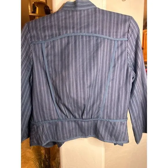 Cabi Jacket Size S Peplum Open Front Cascading Ruffle Swing Striped Blue Cotton