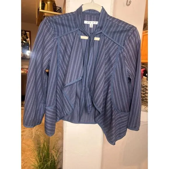 Cabi Jacket Size S Peplum Open Front Cascading Ruffle Swing Striped Blue Cotton