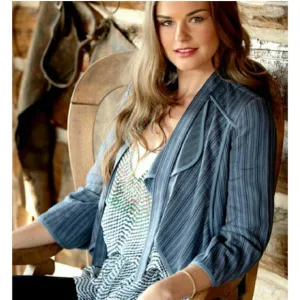Cabi Jacket Size S Peplum Open Front Cascading Ruffle Swing Striped Blue Cotton