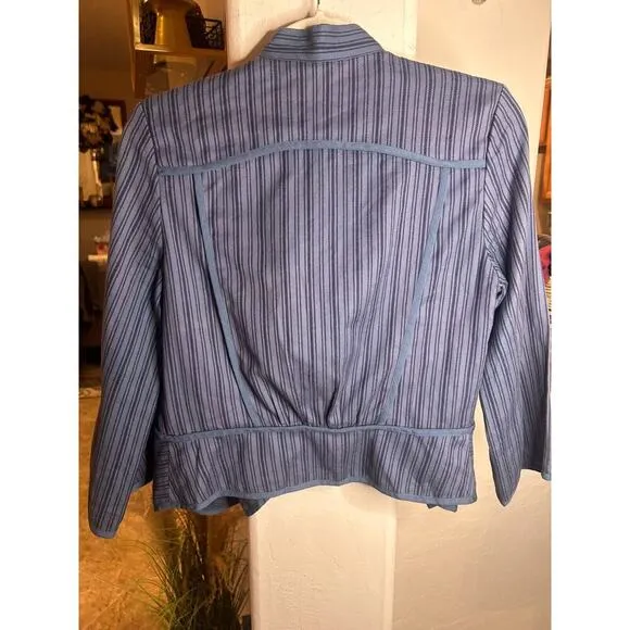 Cabi Jacket Size S Peplum Open Front Cascading Ruffle Swing Striped Blue Cotton