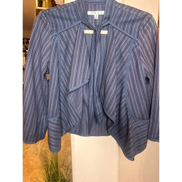 Cabi Jacket Size S Peplum Open Front Cascading Ruffle Swing Striped Blue Cotton