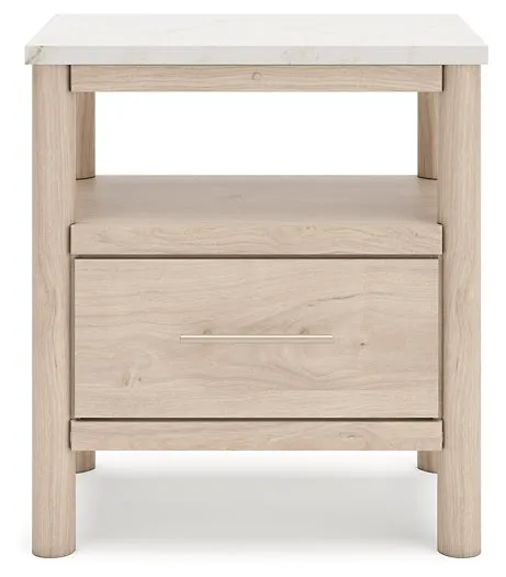 Cadmori Queen Upholstered Panel Bed with Mirrored Dresser and Nightstand