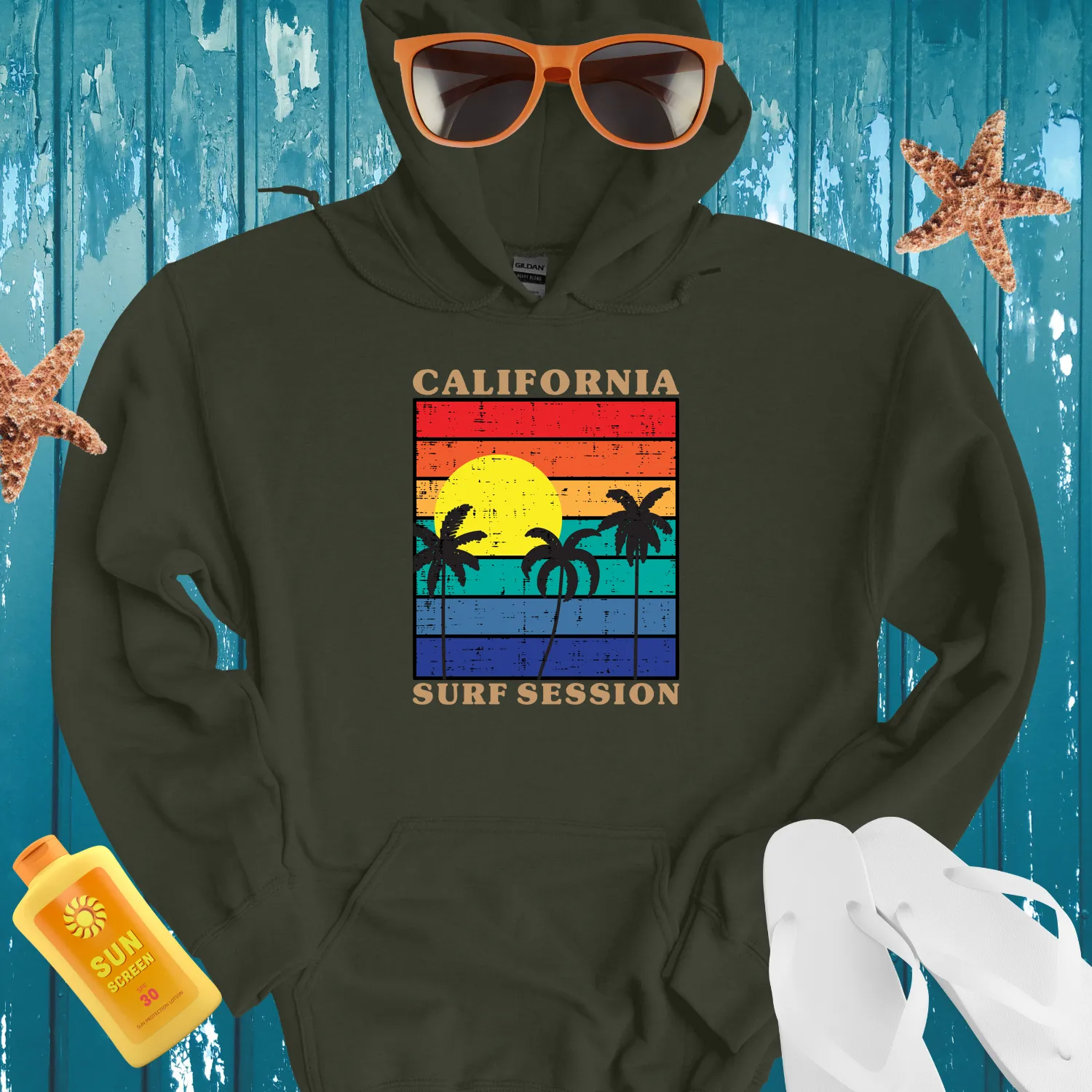California Surf Session Hoodie Vintage Sunset Design