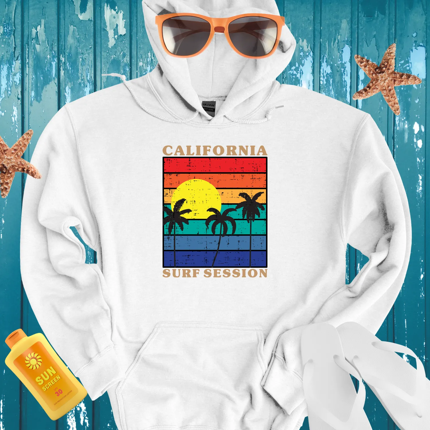California Surf Session Hoodie Vintage Sunset Design