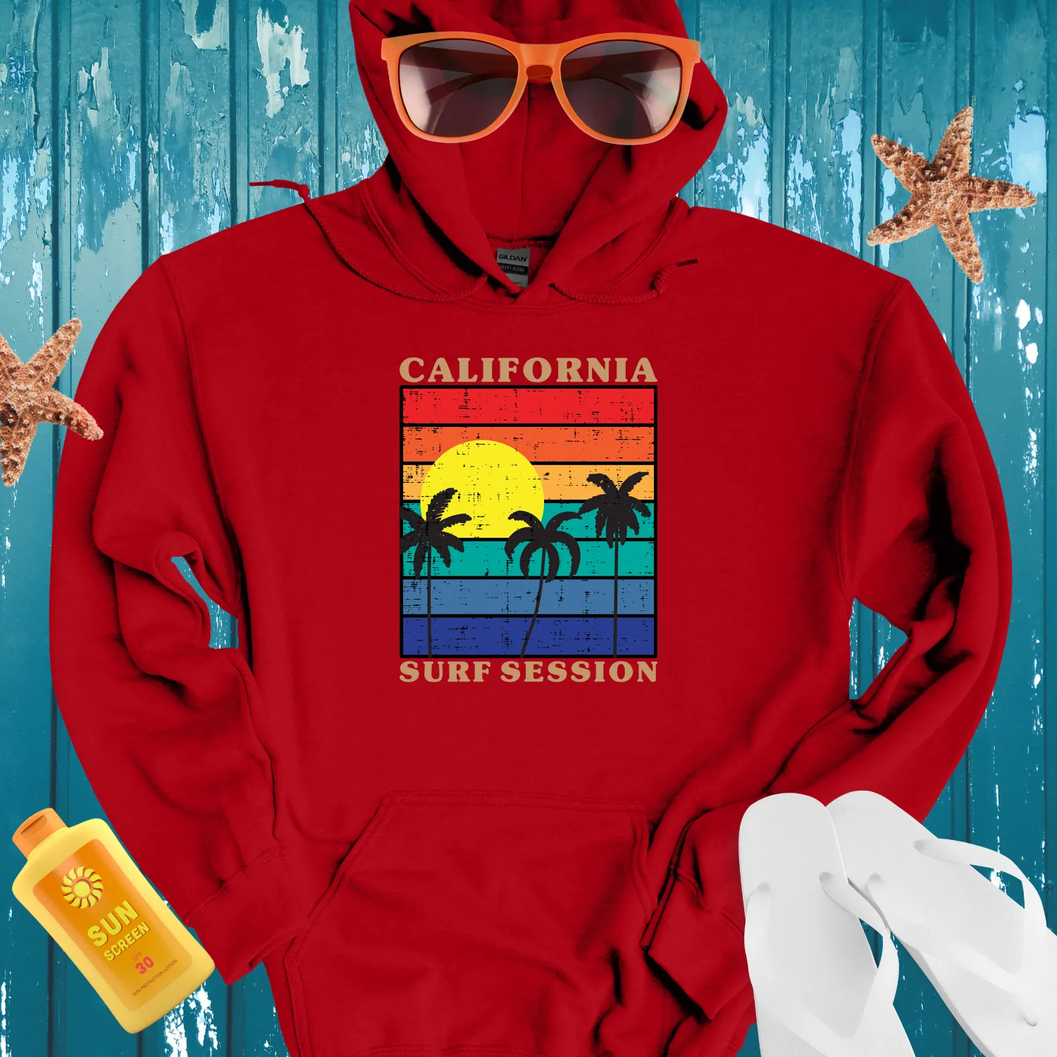 California Surf Session Hoodie Vintage Sunset Design