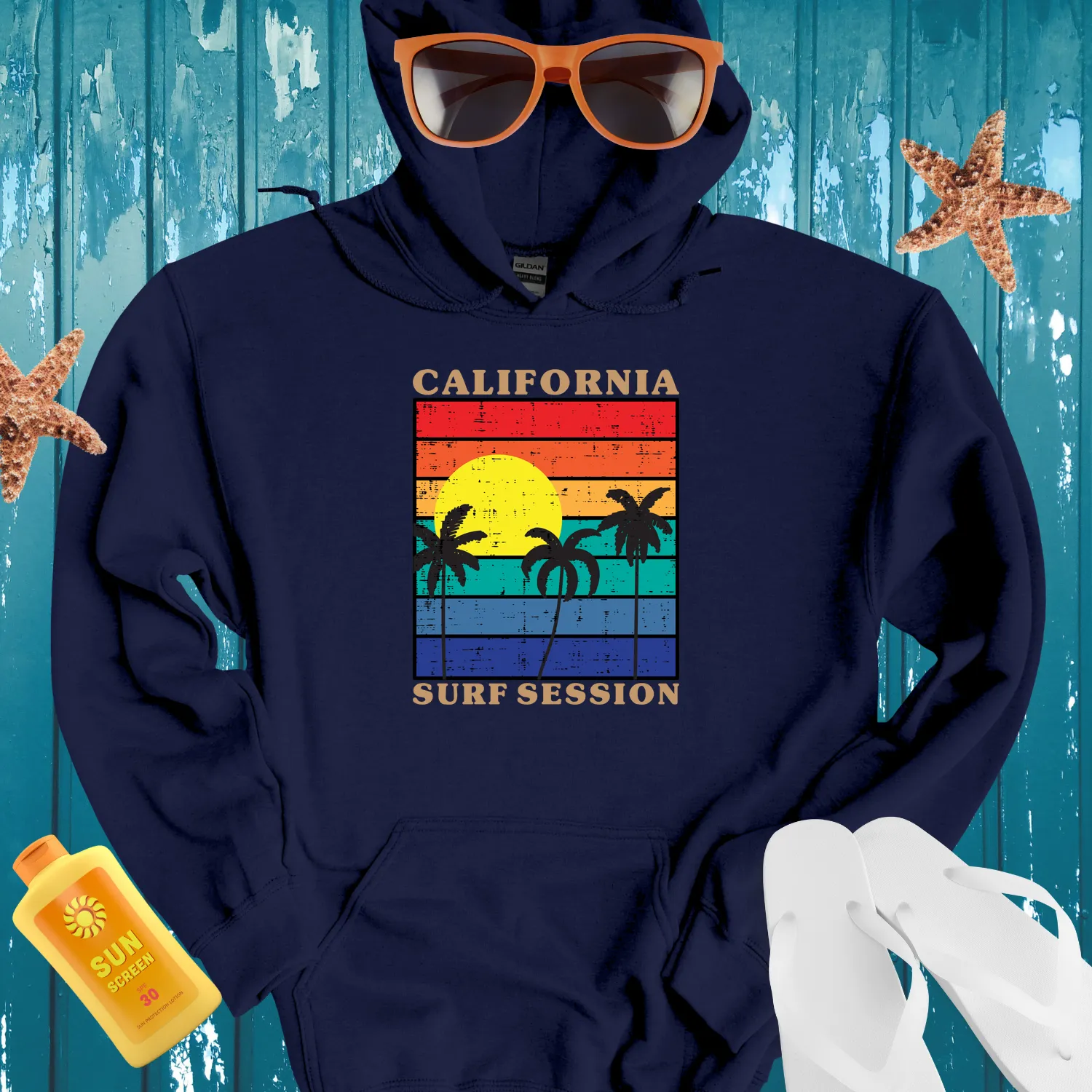 California Surf Session Hoodie Vintage Sunset Design