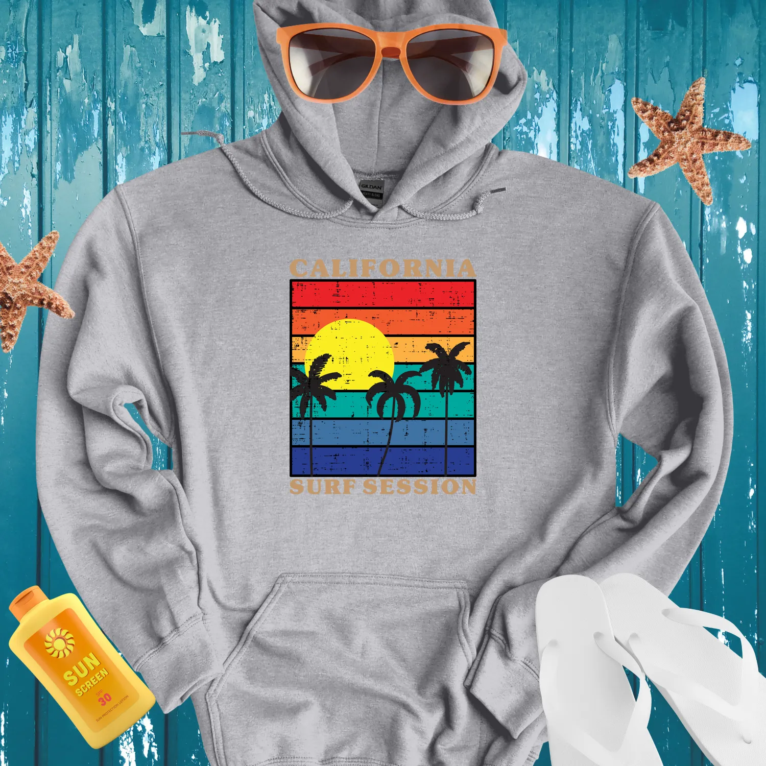 California Surf Session Hoodie Vintage Sunset Design