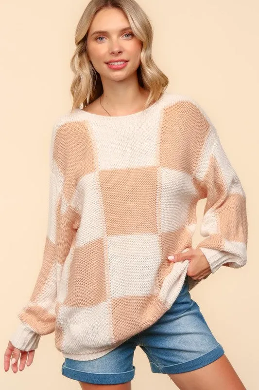 Checkered Round Neck Drop Shoulder Sweater