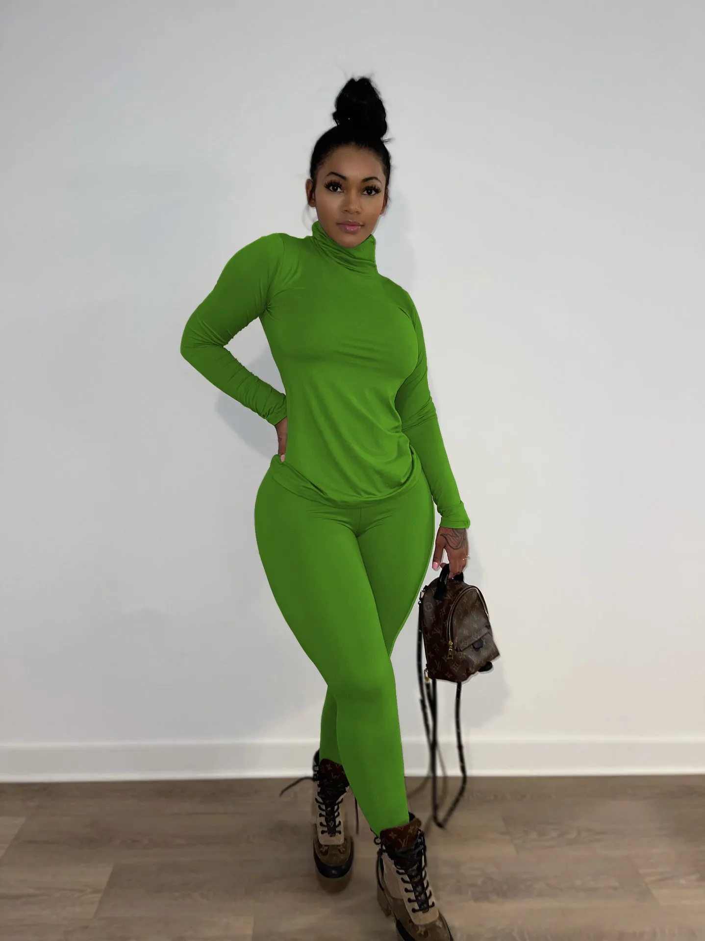 Chic High-Neck Long Sleeve Two-Piece Set with Slim Fit Design