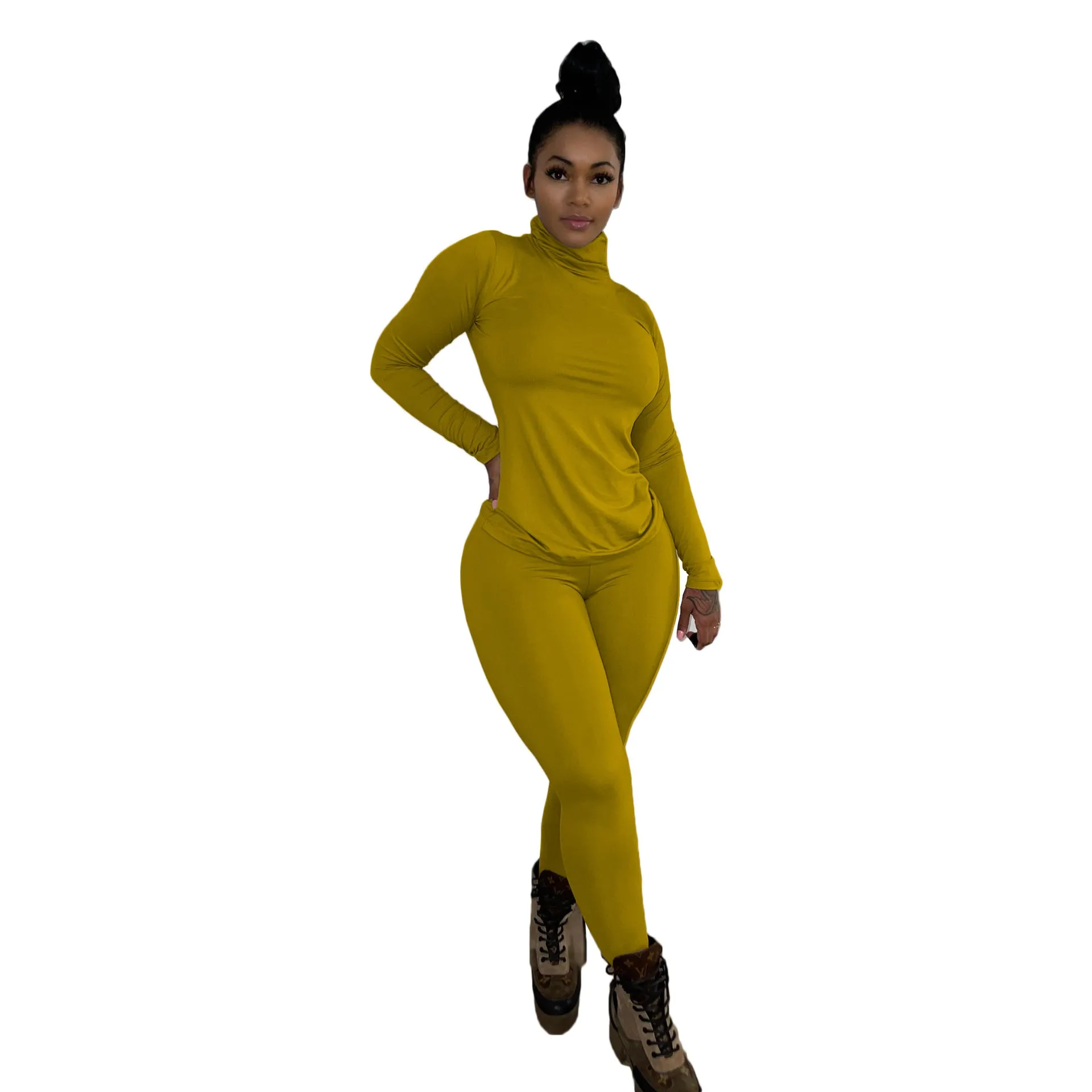 Chic High-Neck Long Sleeve Two-Piece Set with Slim Fit Design