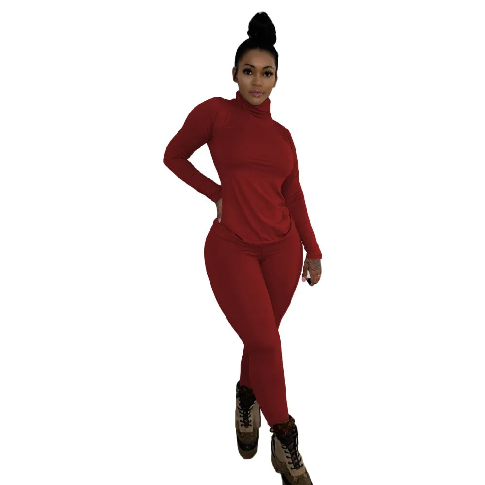 Chic High-Neck Long Sleeve Two-Piece Set with Slim Fit Design