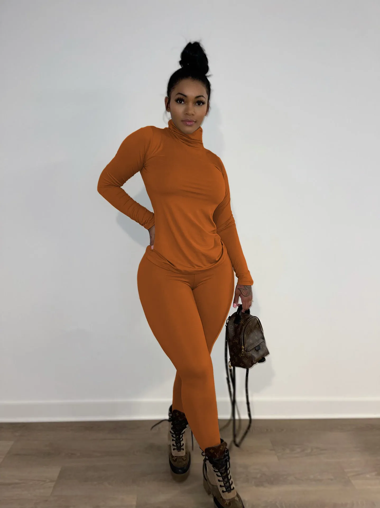 Chic High-Neck Long Sleeve Two-Piece Set with Slim Fit Design