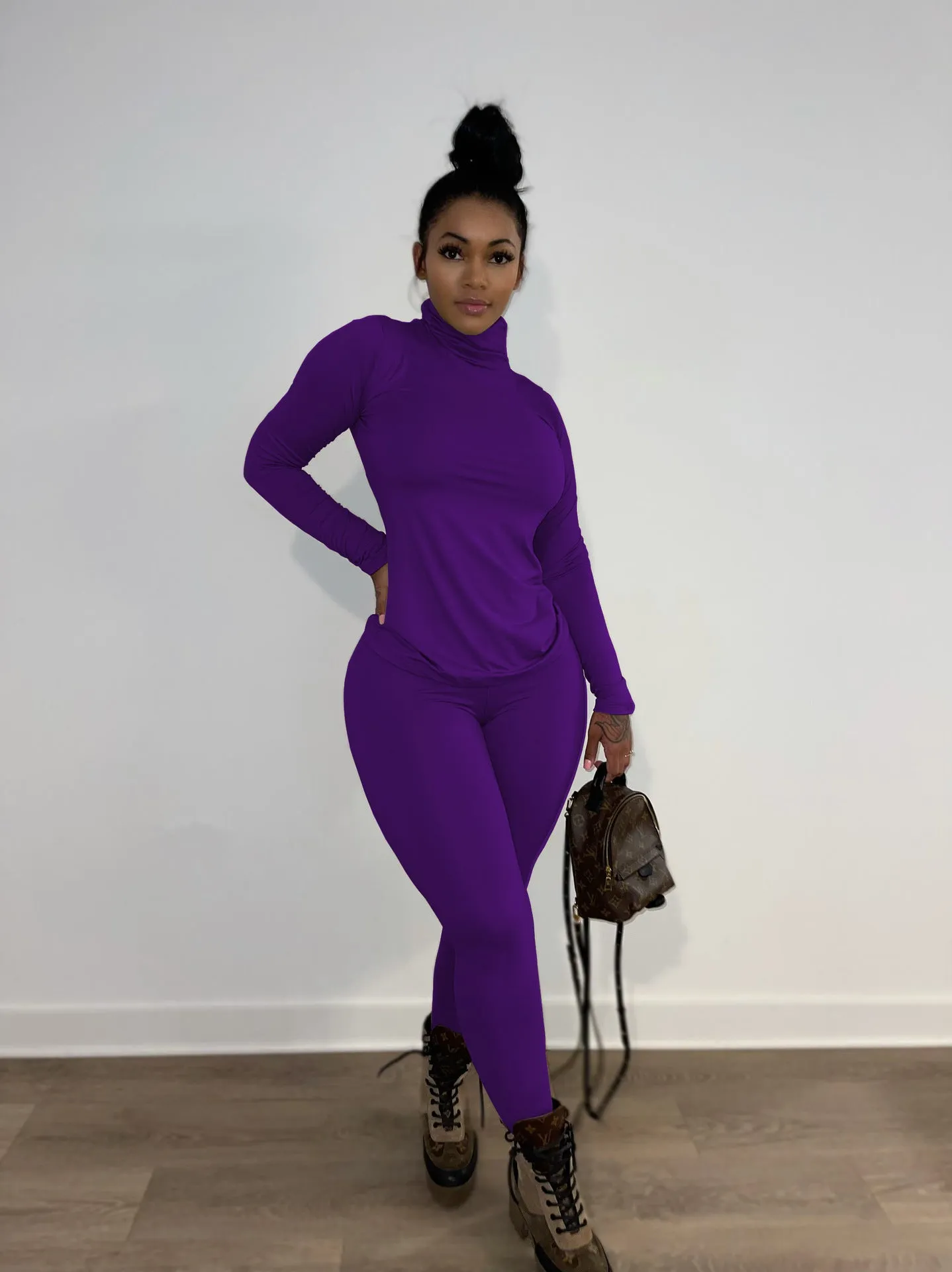Chic High-Neck Long Sleeve Two-Piece Set with Slim Fit Design