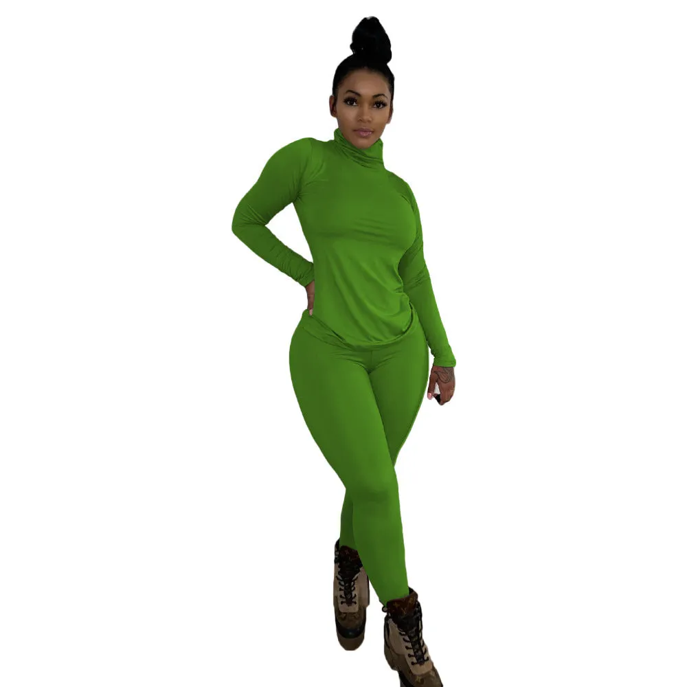 Chic High-Neck Long Sleeve Two-Piece Set with Slim Fit Design