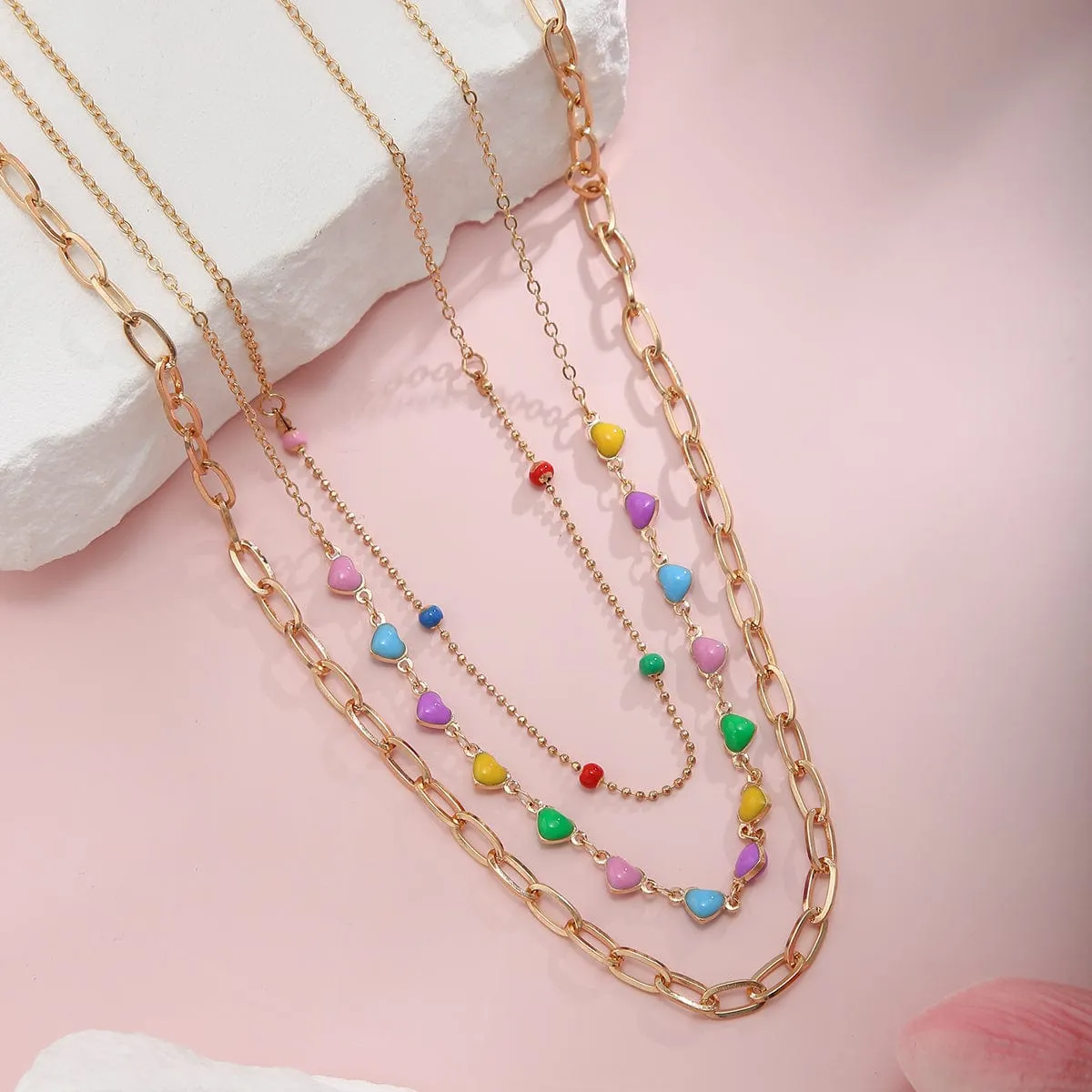 Chic Layered Colorful Enamel Heart Chain Choker Necklace Set