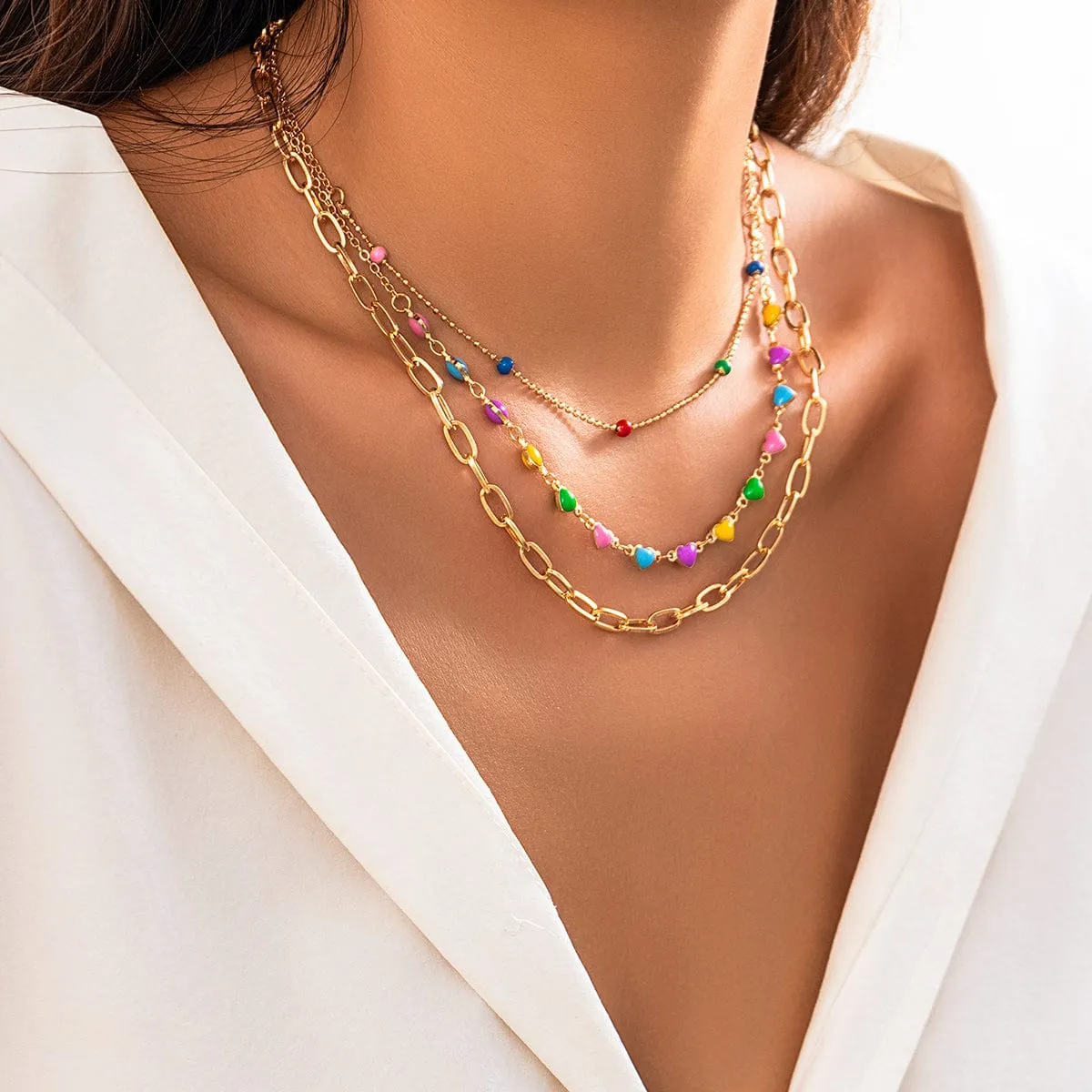Chic Layered Colorful Enamel Heart Chain Choker Necklace Set