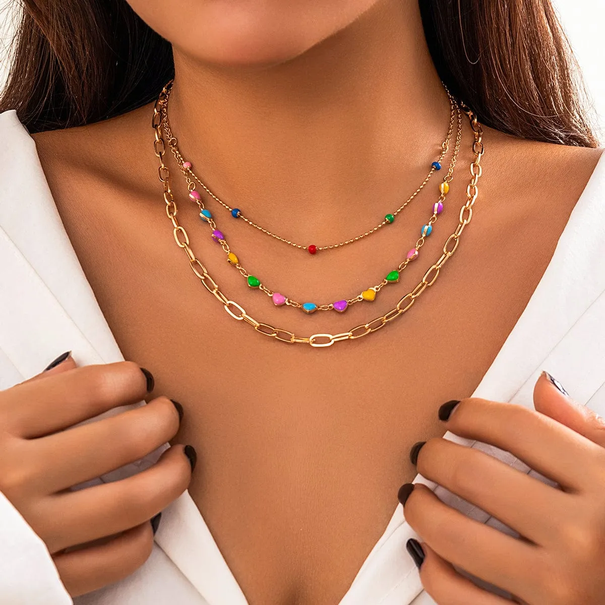 Chic Layered Colorful Enamel Heart Chain Choker Necklace Set