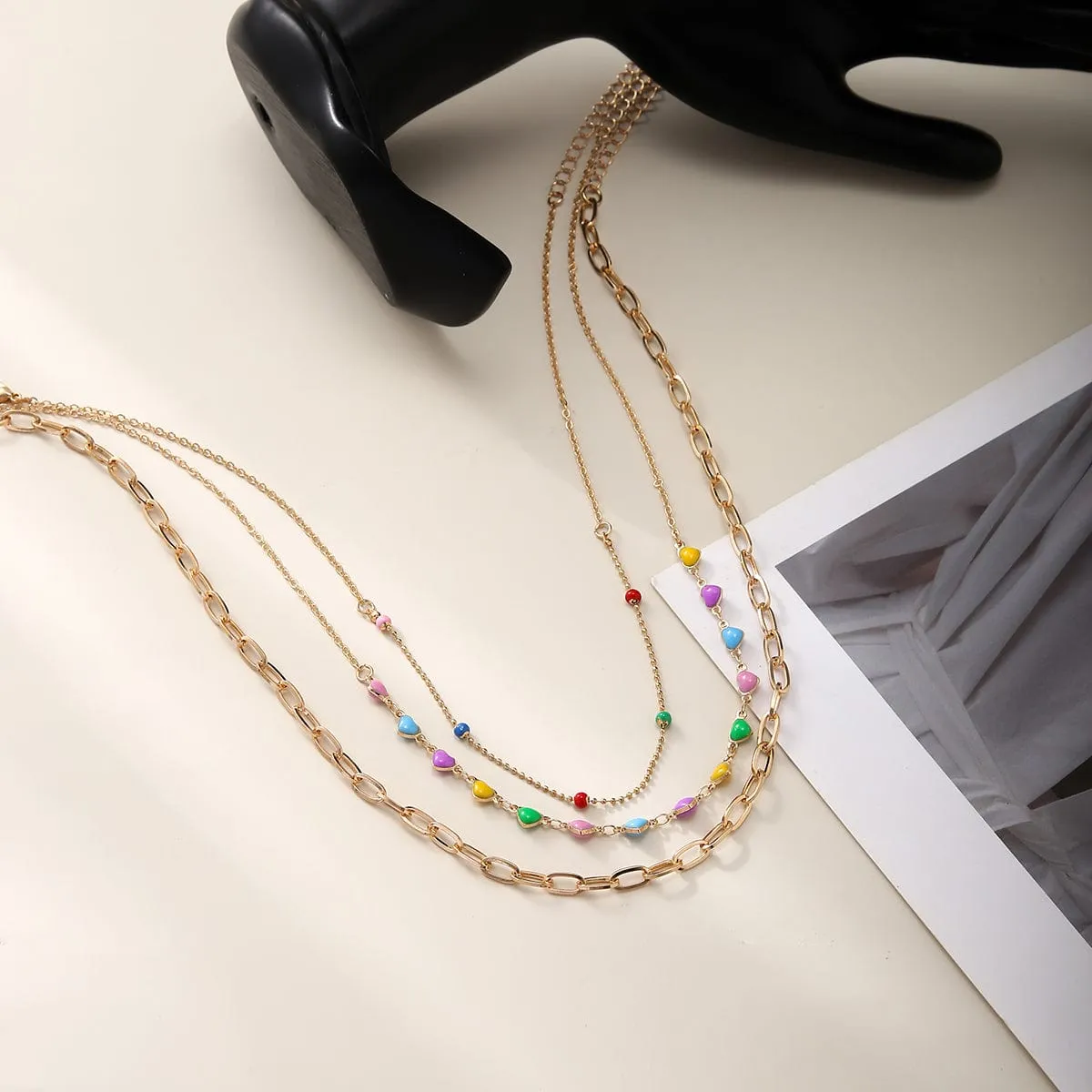 Chic Layered Colorful Enamel Heart Chain Choker Necklace Set
