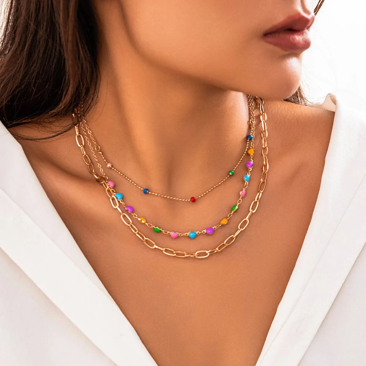 Chic Layered Colorful Enamel Heart Chain Choker Necklace Set