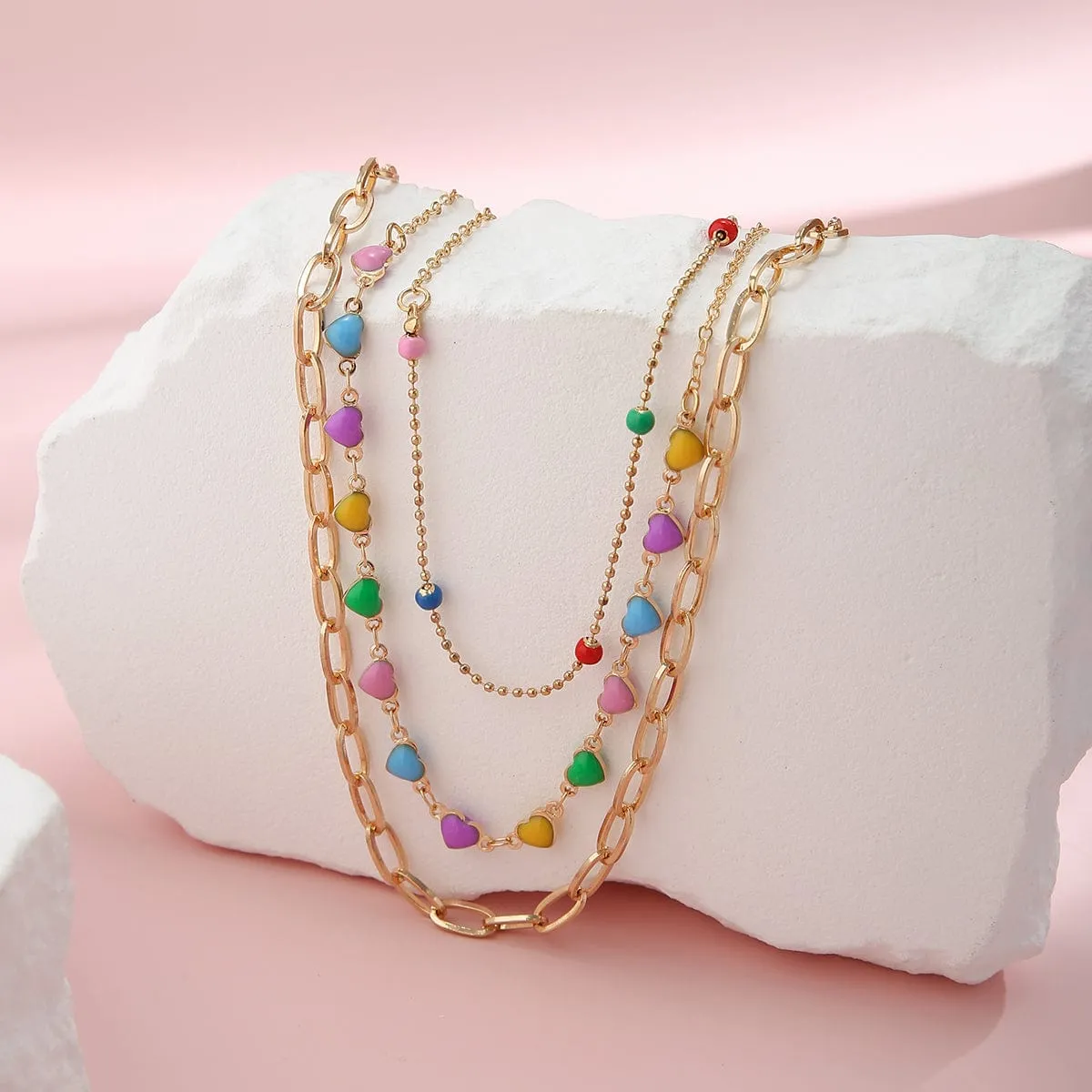 Chic Layered Colorful Enamel Heart Chain Choker Necklace Set