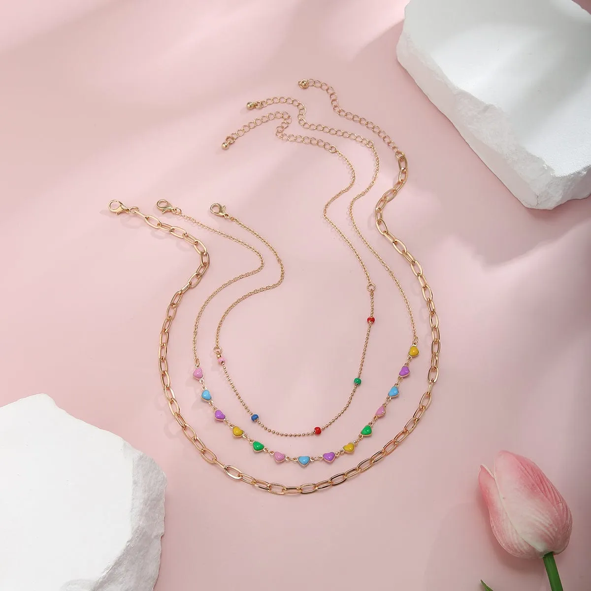 Chic Layered Colorful Enamel Heart Chain Choker Necklace Set