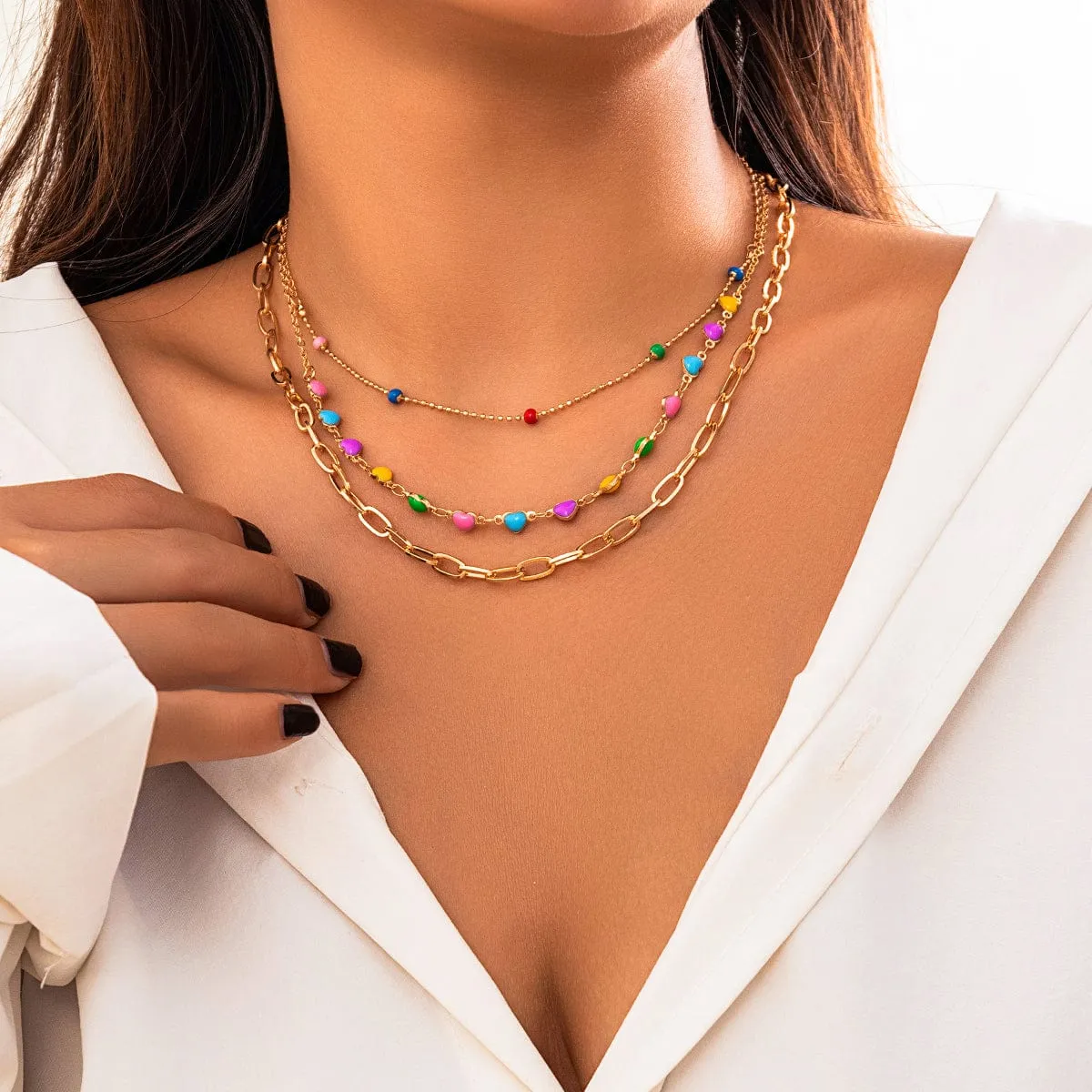 Chic Layered Colorful Enamel Heart Chain Choker Necklace Set