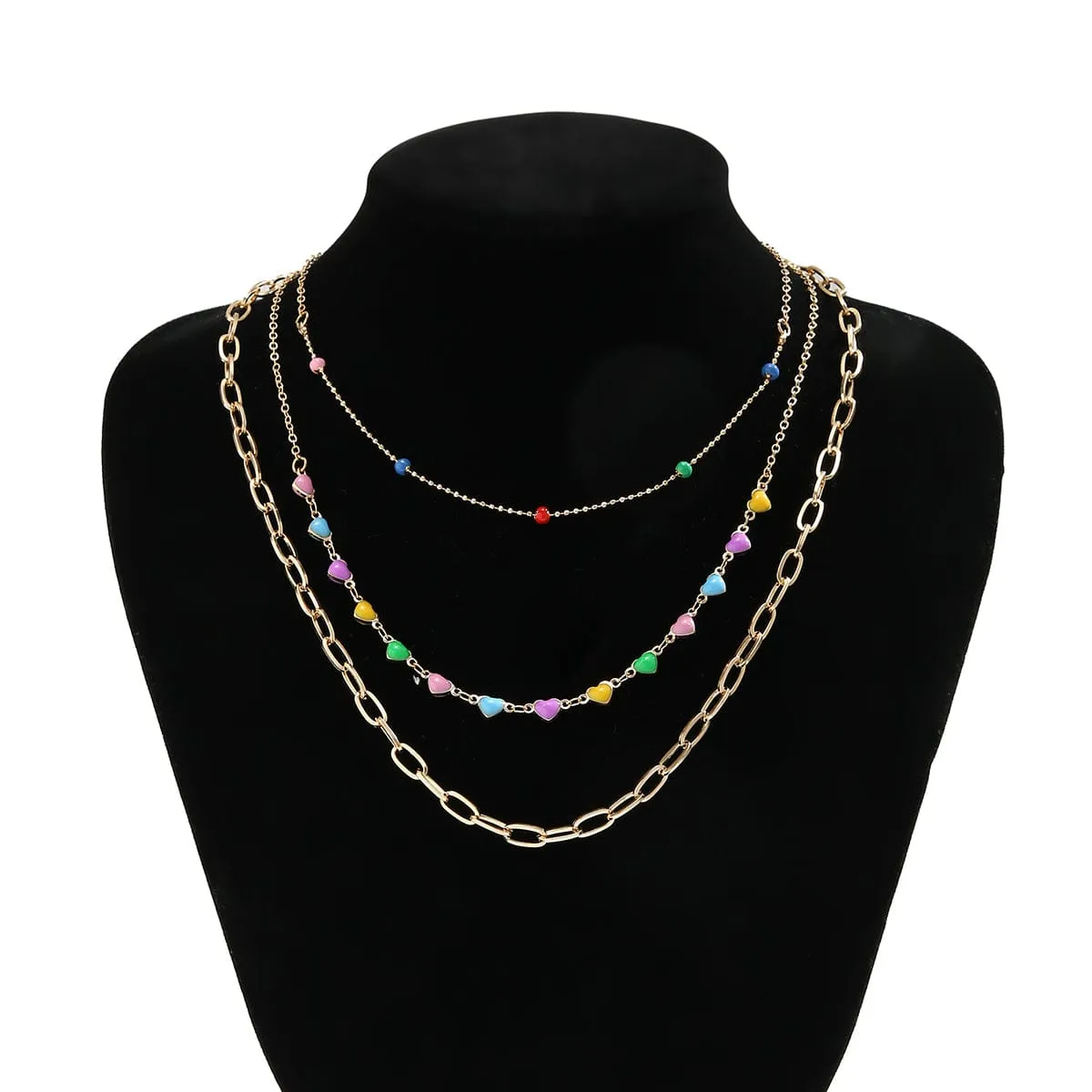 Chic Layered Colorful Enamel Heart Chain Choker Necklace Set