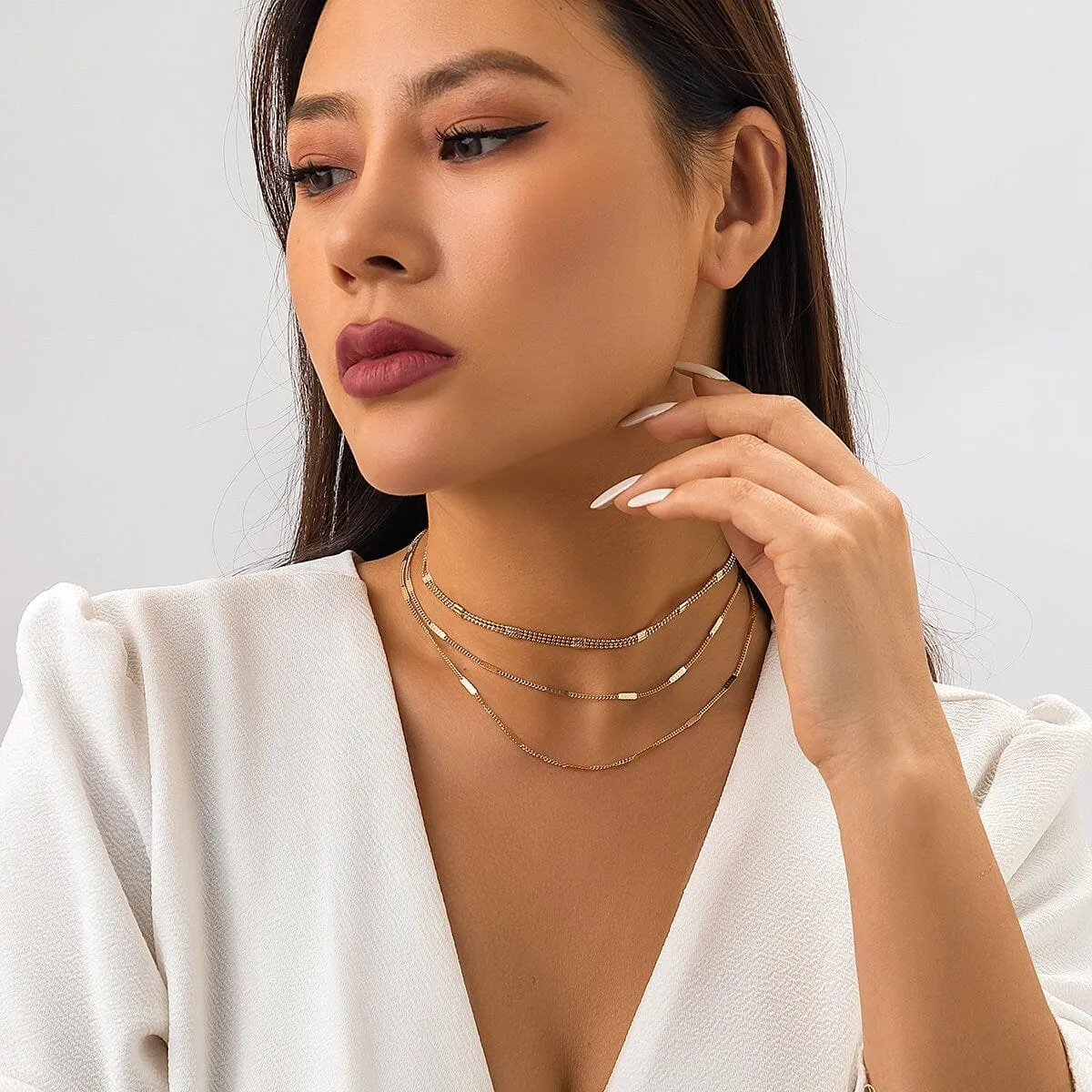 Chic Layered Gold Silver Tone Curb Link Ball Chain Necklace Set