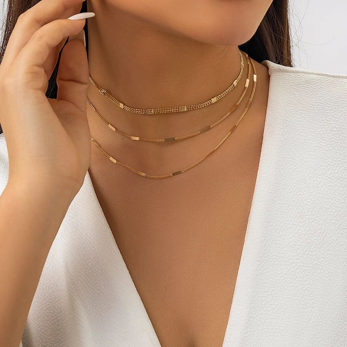 Chic Layered Gold Silver Tone Curb Link Ball Chain Necklace Set