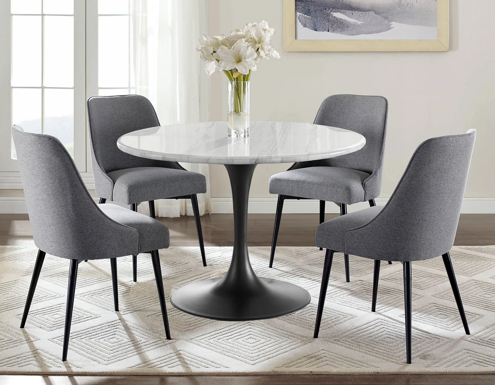 Colby Round 52" White Marble Top/Black Base Dining Table