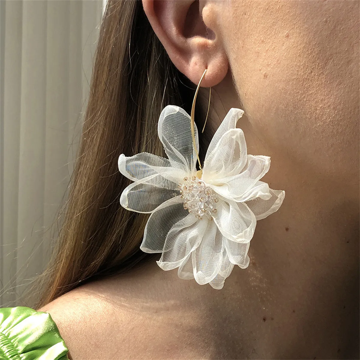 Colored Polyster & Acrylic 18K Gold-Plated Flower Huggie Earring
