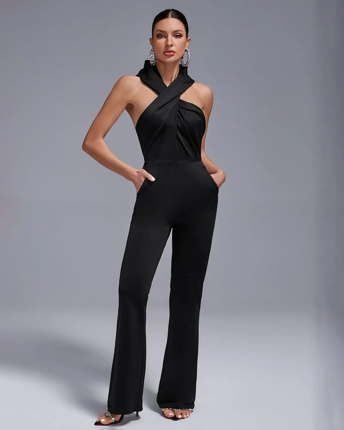 Crossed Collar High-Waist Backless Hooded Jumpsuit