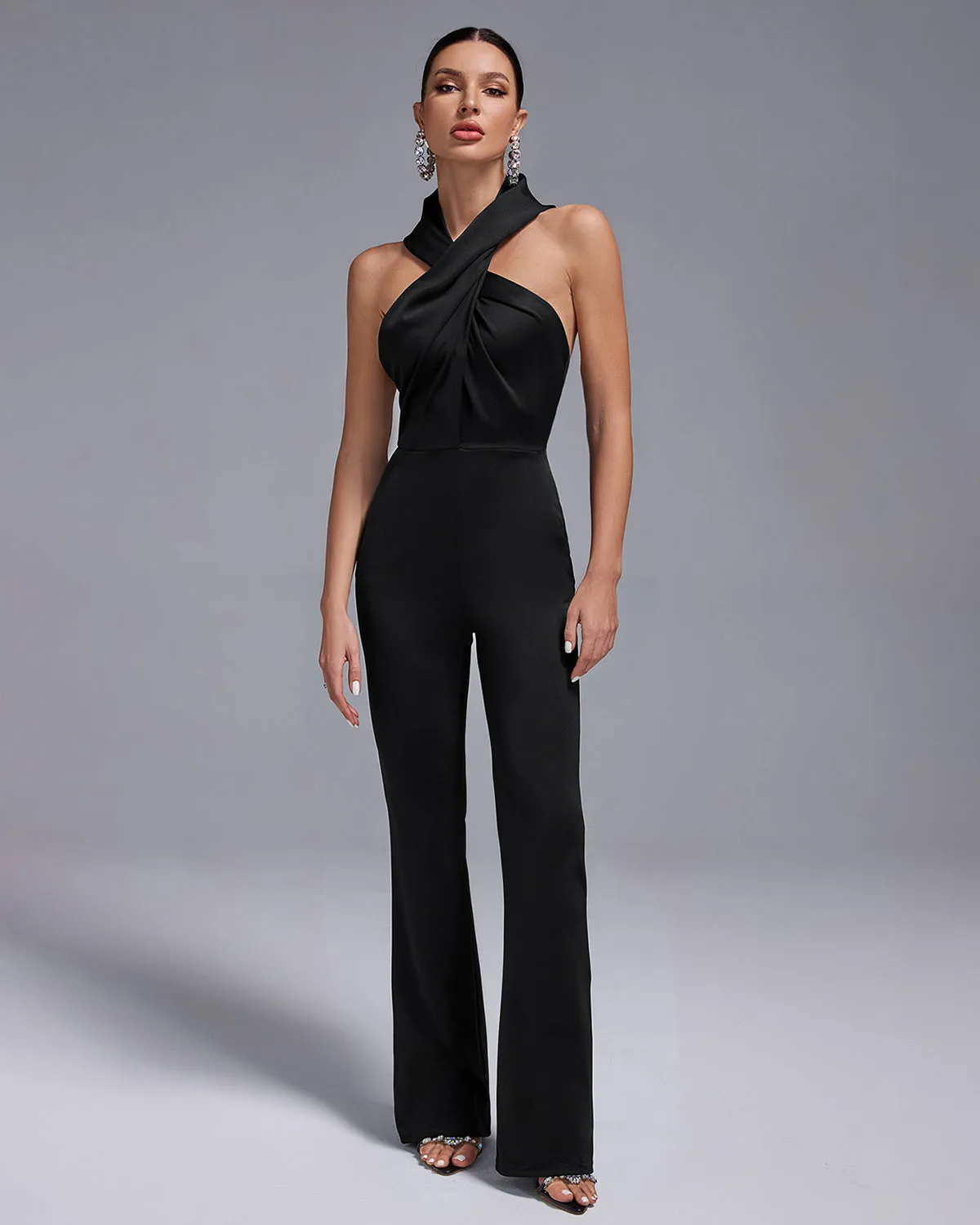 Crossed Collar High-Waist Backless Hooded Jumpsuit