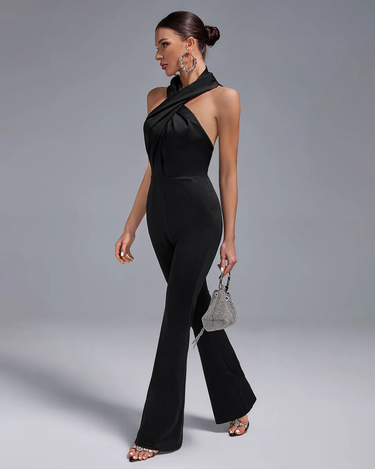 Crossed Collar High-Waist Backless Hooded Jumpsuit