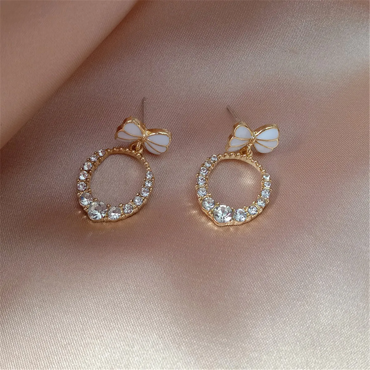 Cubic Zirconia & Enamel 18K Gold-Plated Bow-Accent Open Oval Drop Earrings