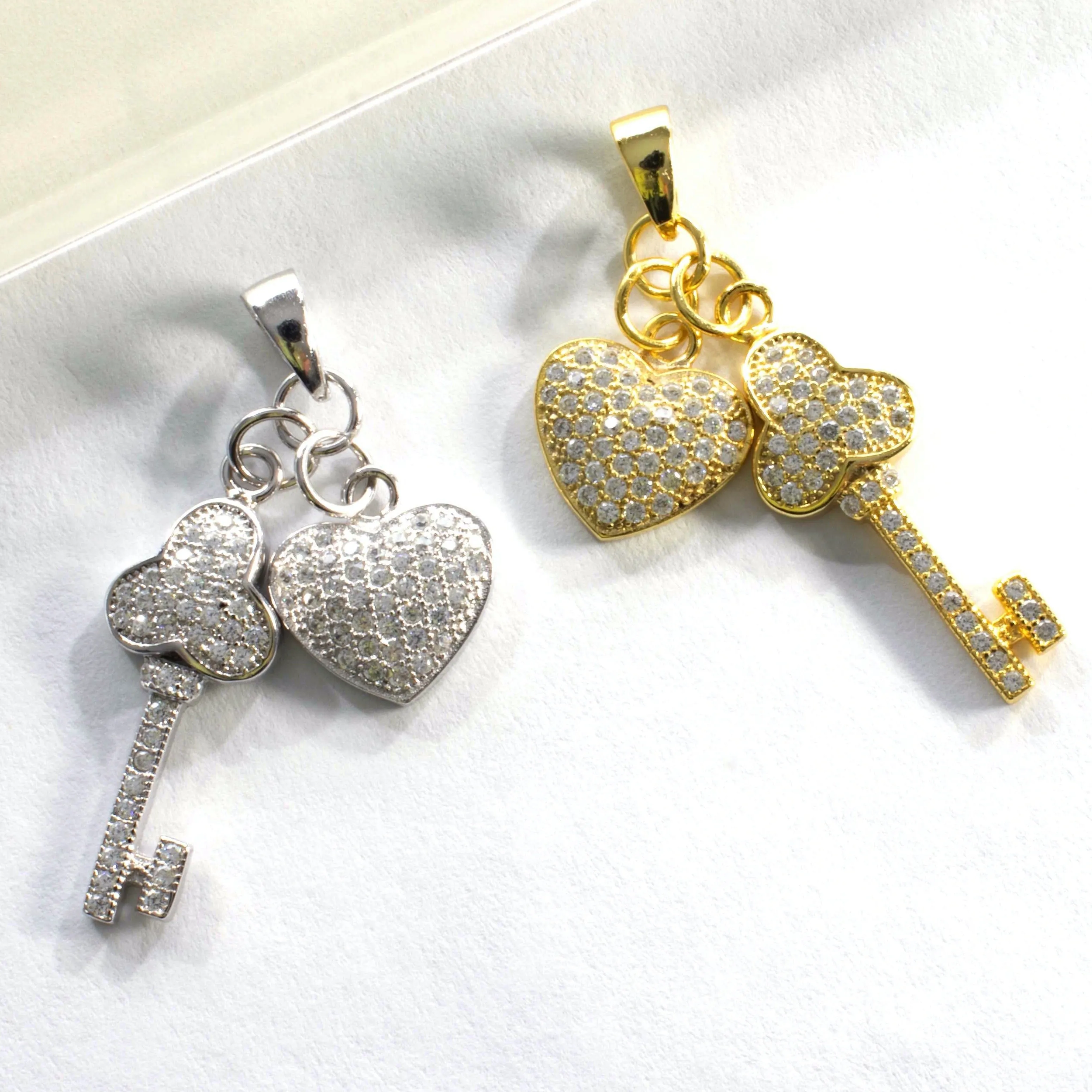 CZ Pave Key & Heart Charm