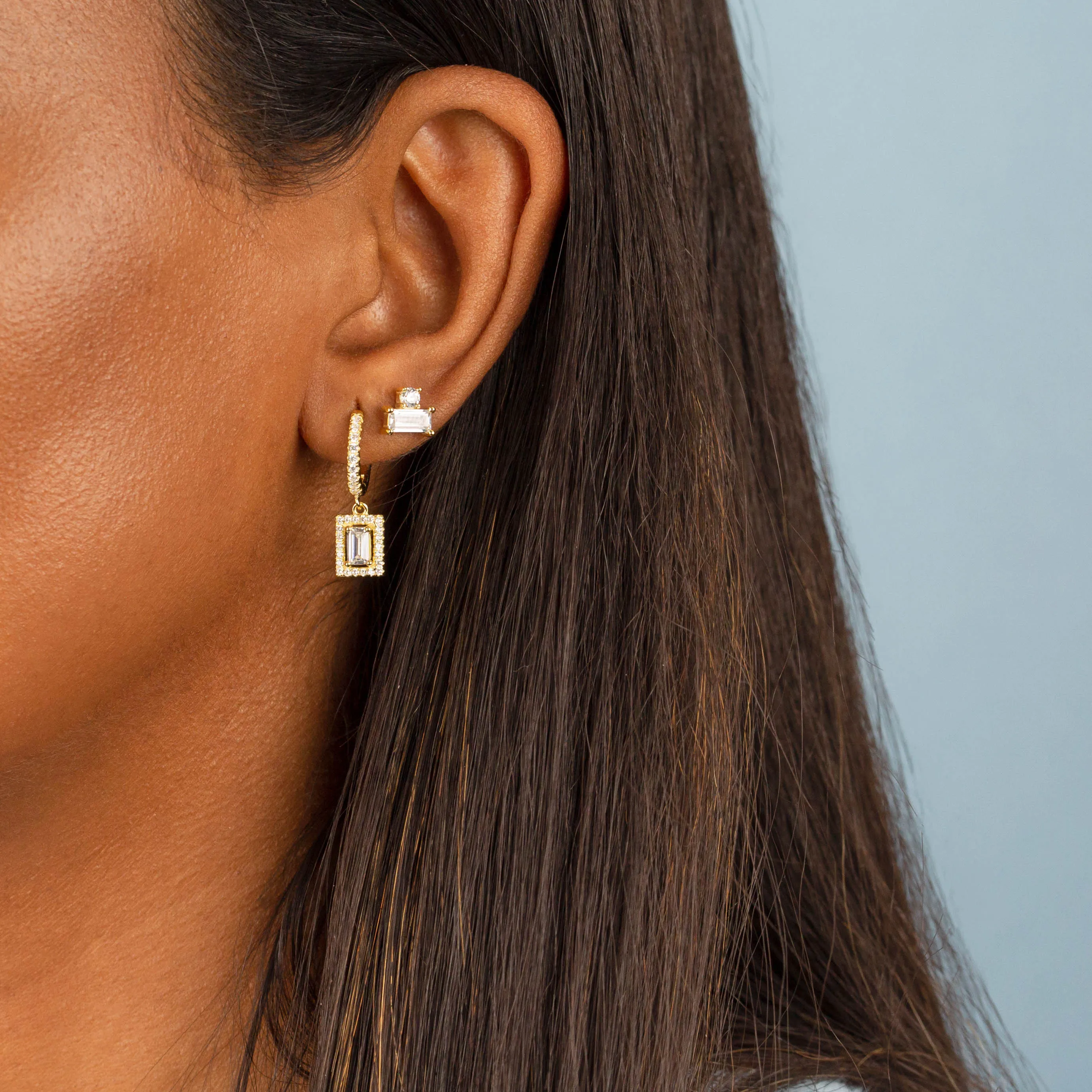 CZ Round X Baguette Stud Earring