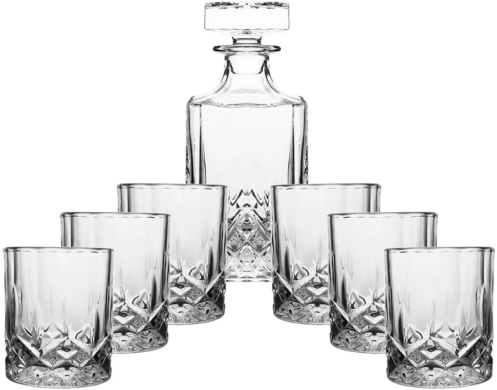 (D) Crystal Decanter Design at Bottom Set with 6 Cups Clear