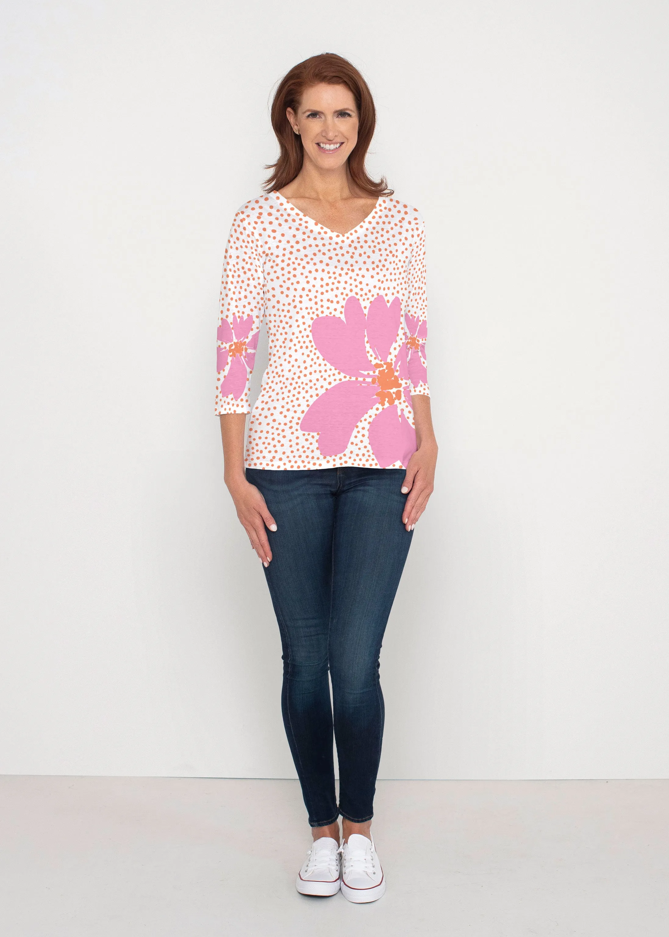 Daisy Dots Pink (8079) ~ Signature 3/4 Sleeve V-Neck Top