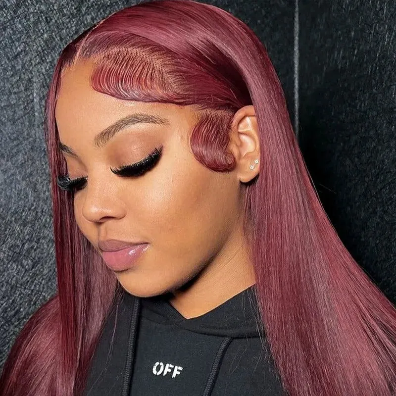 Dark 99J Burgundy Straight 4x4 5x5 6x6 Glueless Lace Closure Wig 100% Human Hair