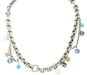 David Yurman Blue Topaz Pearl Turquoise 18 Karat Yellow Gold Sterling Silver Necklace