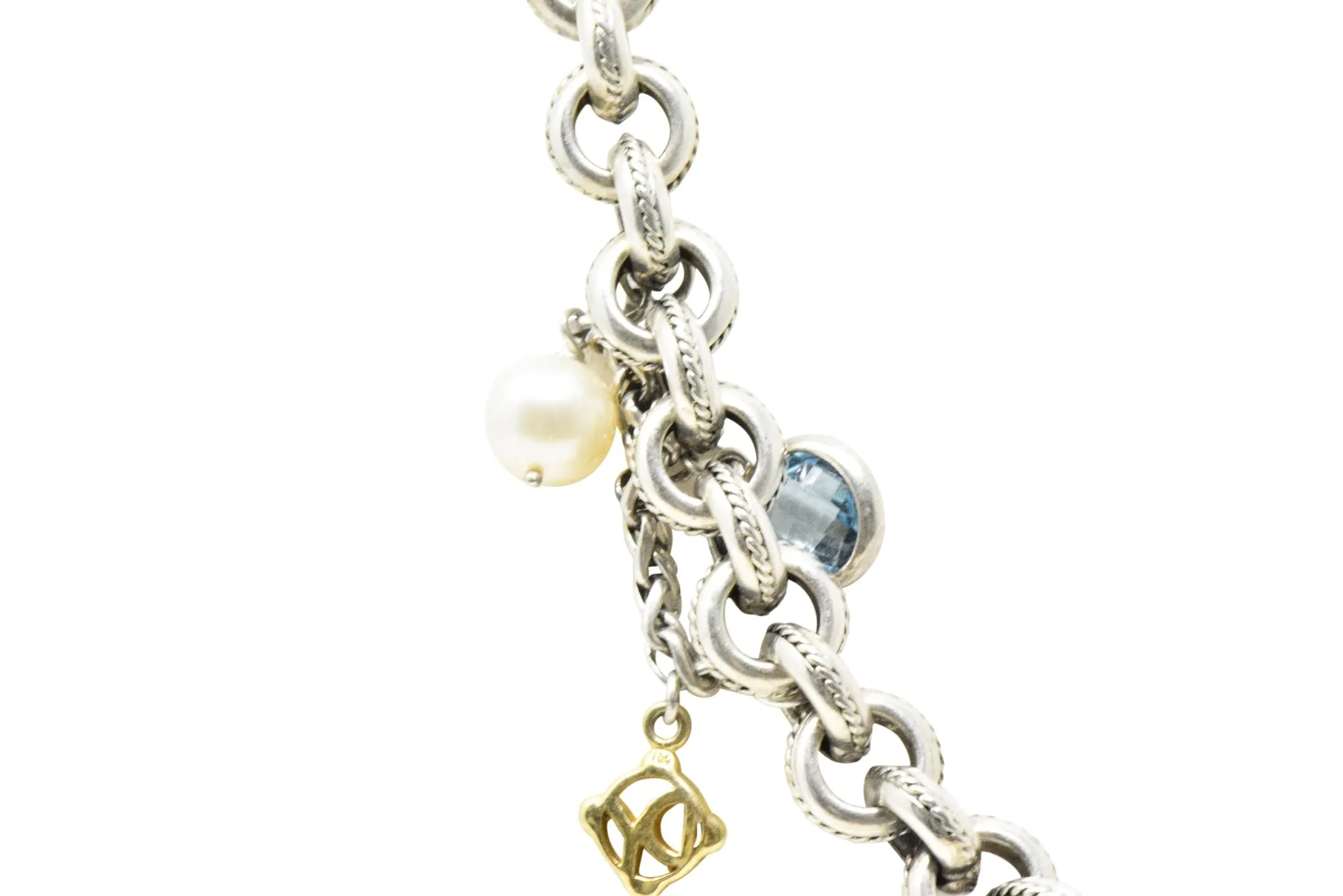 David Yurman Blue Topaz Pearl Turquoise 18 Karat Yellow Gold Sterling Silver Necklace