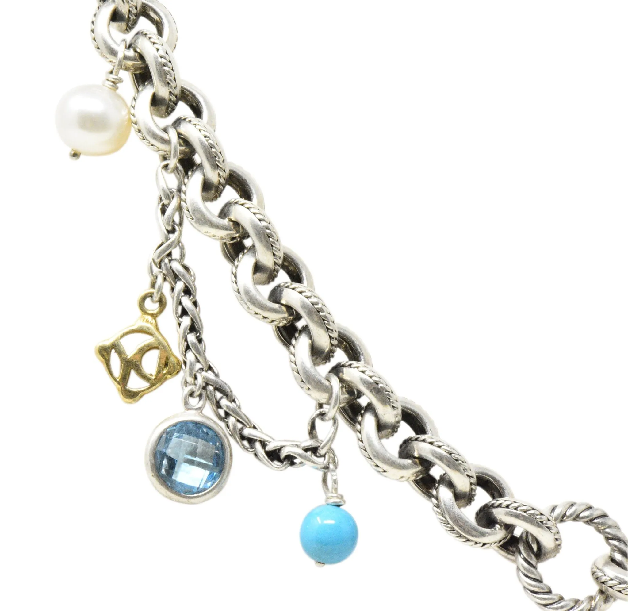 David Yurman Blue Topaz Pearl Turquoise 18 Karat Yellow Gold Sterling Silver Necklace