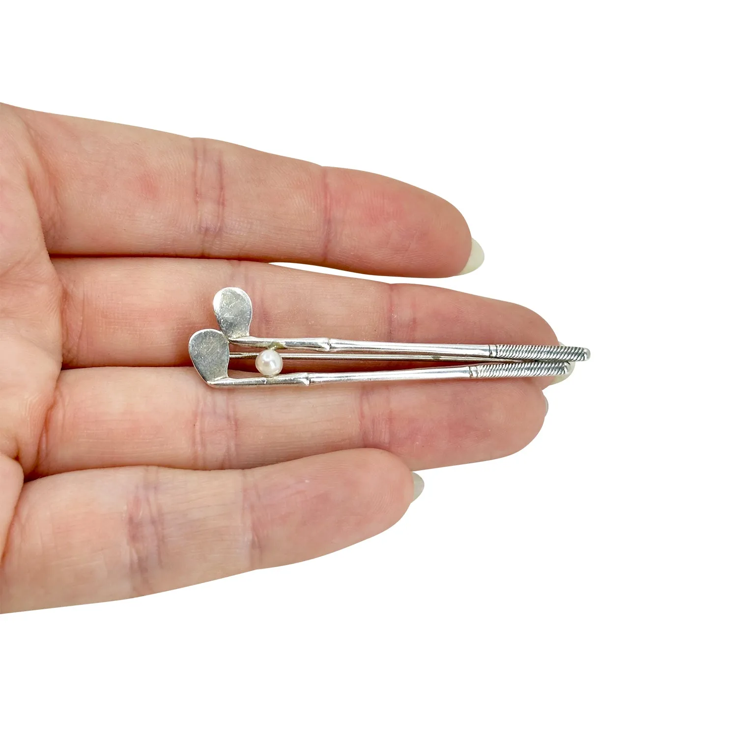 Double Golf Club Retro Japanese Saltwater Akoya Cultured Pearl Brooch- Sterling Silver