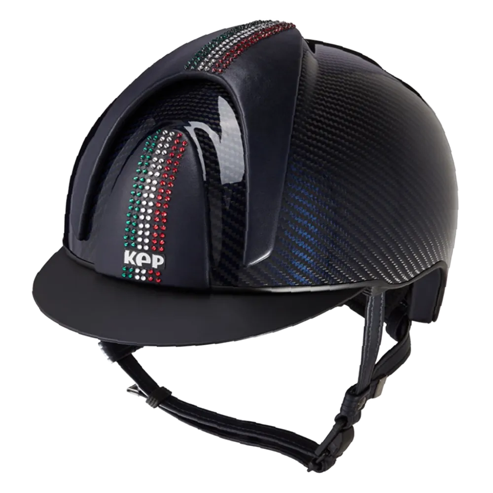 E-LIGHT Carbon Helmet - Blue Shine with 3 Leather Inserts & Swarovski Italian Flag by KEP