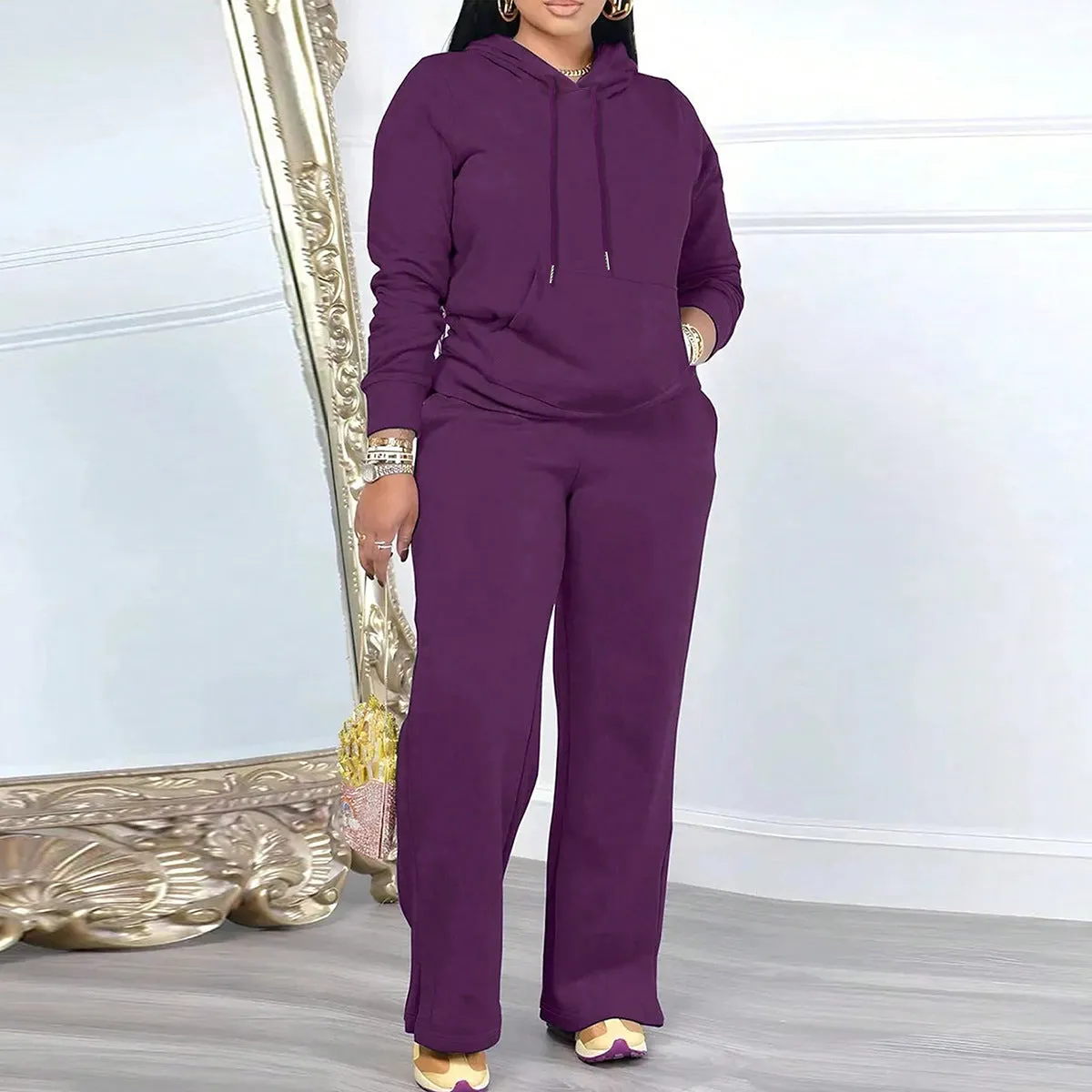 Effortless Casual Solid Hoodie and Pants Two-Piece Set for Everyday Comfort