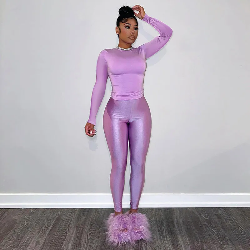 Effortless Style Round Neck Long Sleeve Top and Pants Casual Set