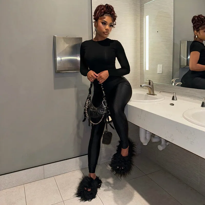 Effortless Style Round Neck Long Sleeve Top and Pants Casual Set