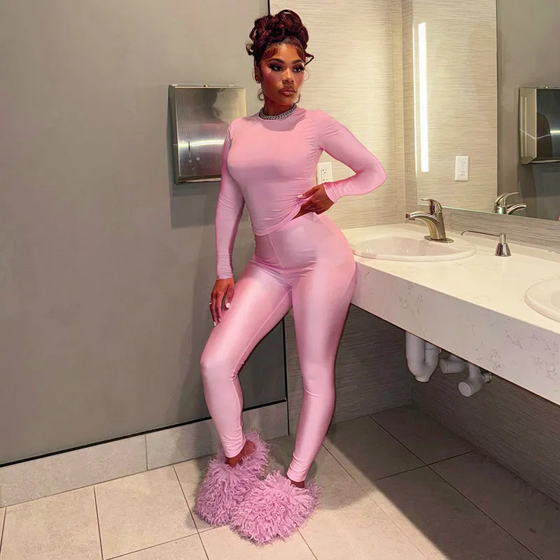 Effortless Style Round Neck Long Sleeve Top and Pants Casual Set